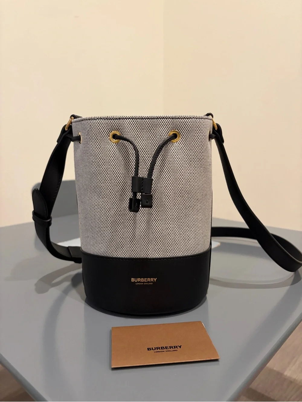 Burberry Black and Cream Canvas Leather Bucket Bag